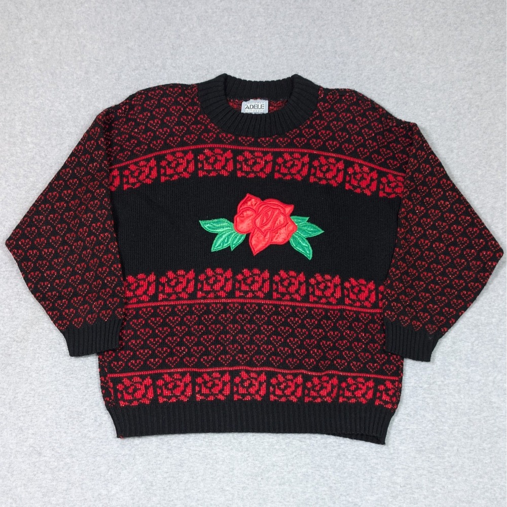 Vintage 80s 90s Adele Knitwear Sweater Roses & Hearts Black Red Shoulder Pads
